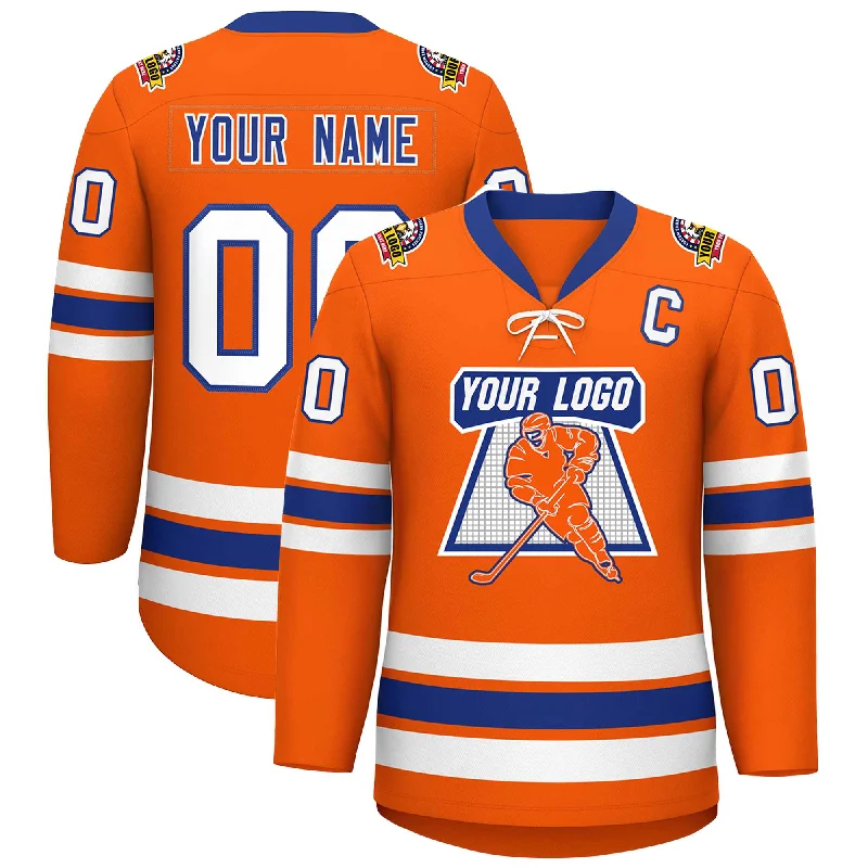 Custom Orange Royal-White Lace-Up Neck Hockey Jersey