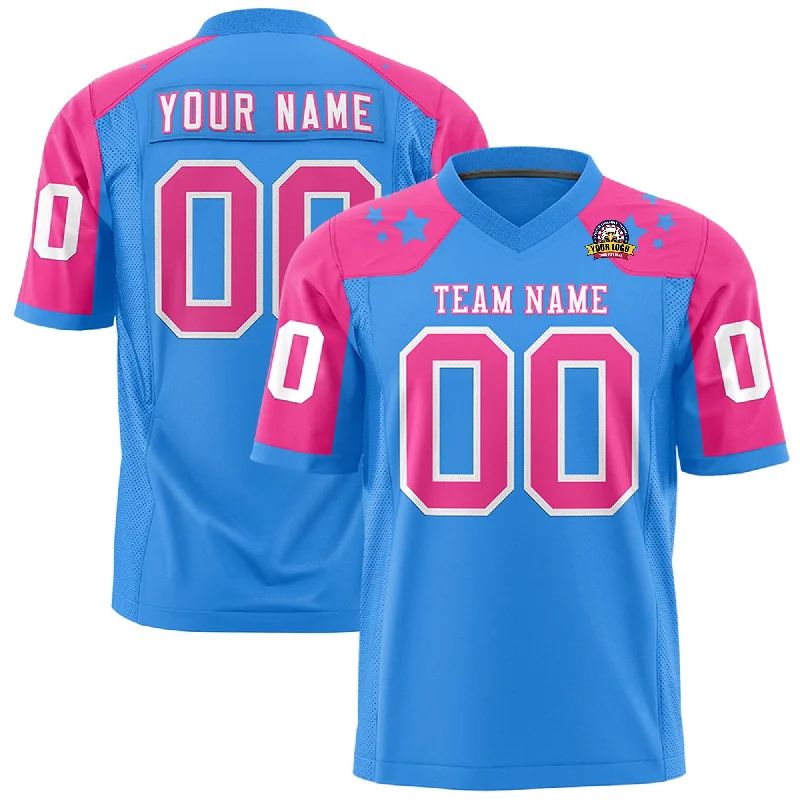 Custom Powder Blue Pink Personalized Shoulder Star Pattern Authentic Football Jersey