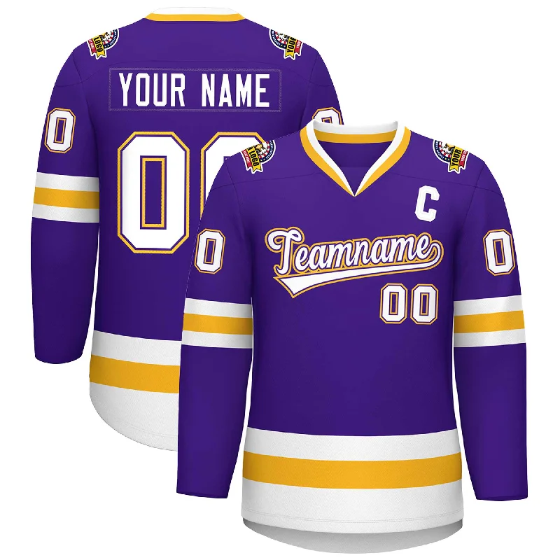 Custom Purple White Purple-Gold Classic Style Hockey Jersey