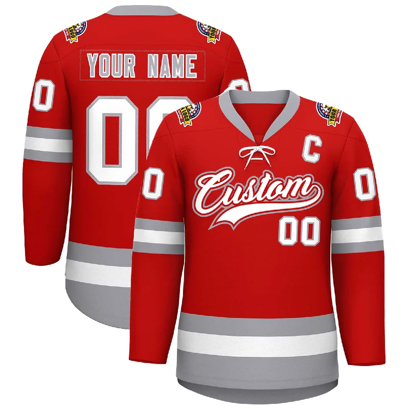 Custom Red White-Gray Lace-Up Neck Hockey Jersey