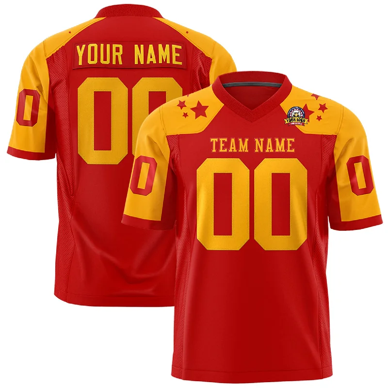 Custom Red Yellow Personalized Shoulder Star Pattern Authentic Football Jersey