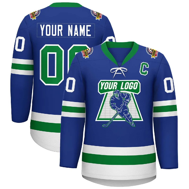 Custom Royal Kelly Green-White Lace-Up Neck Hockey Jersey