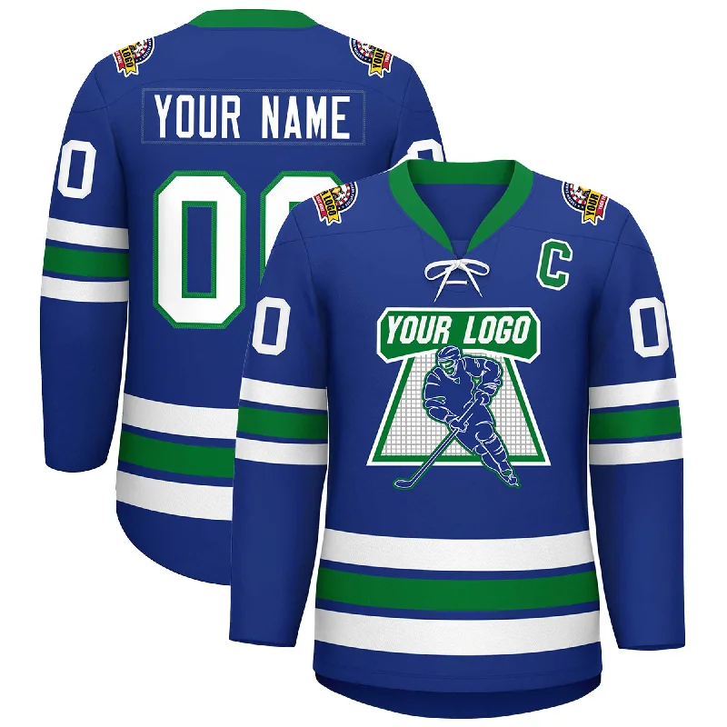 Custom Royal White-Kelly Green Lace-Up Neck Hockey Jersey