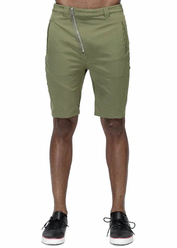 Konus Men's Asymmetrical Zipper Fly Shorts in Olive